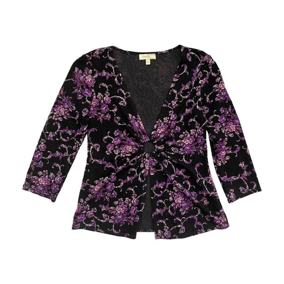 Vintage Y2K Floral Slinky Ring Deep Vneck Top Black Purple Small Disco Going Ou - Picture 1 of 13